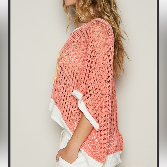 # 215 🧡Coral Open Knit Crochet Top with Floral Design - Picture 3 of 5